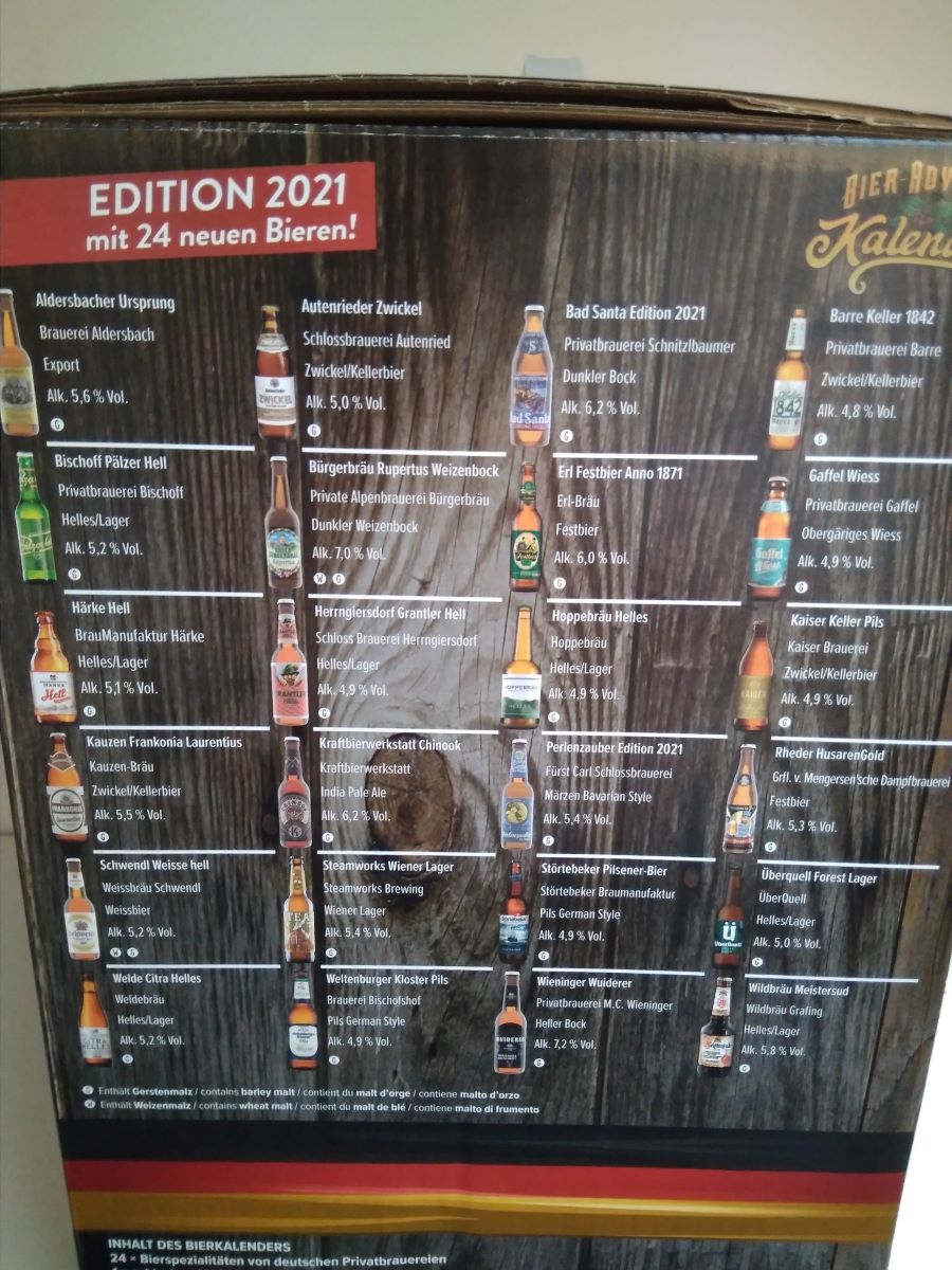 Inhaltsliste des Kalea Kalenders mit 24 deutschen Bieren